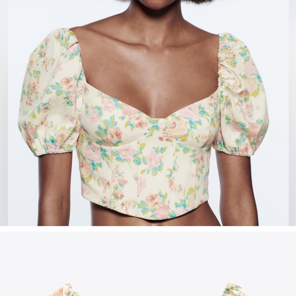 Zara Cream and Pink Puff Sleeve Crop Top
